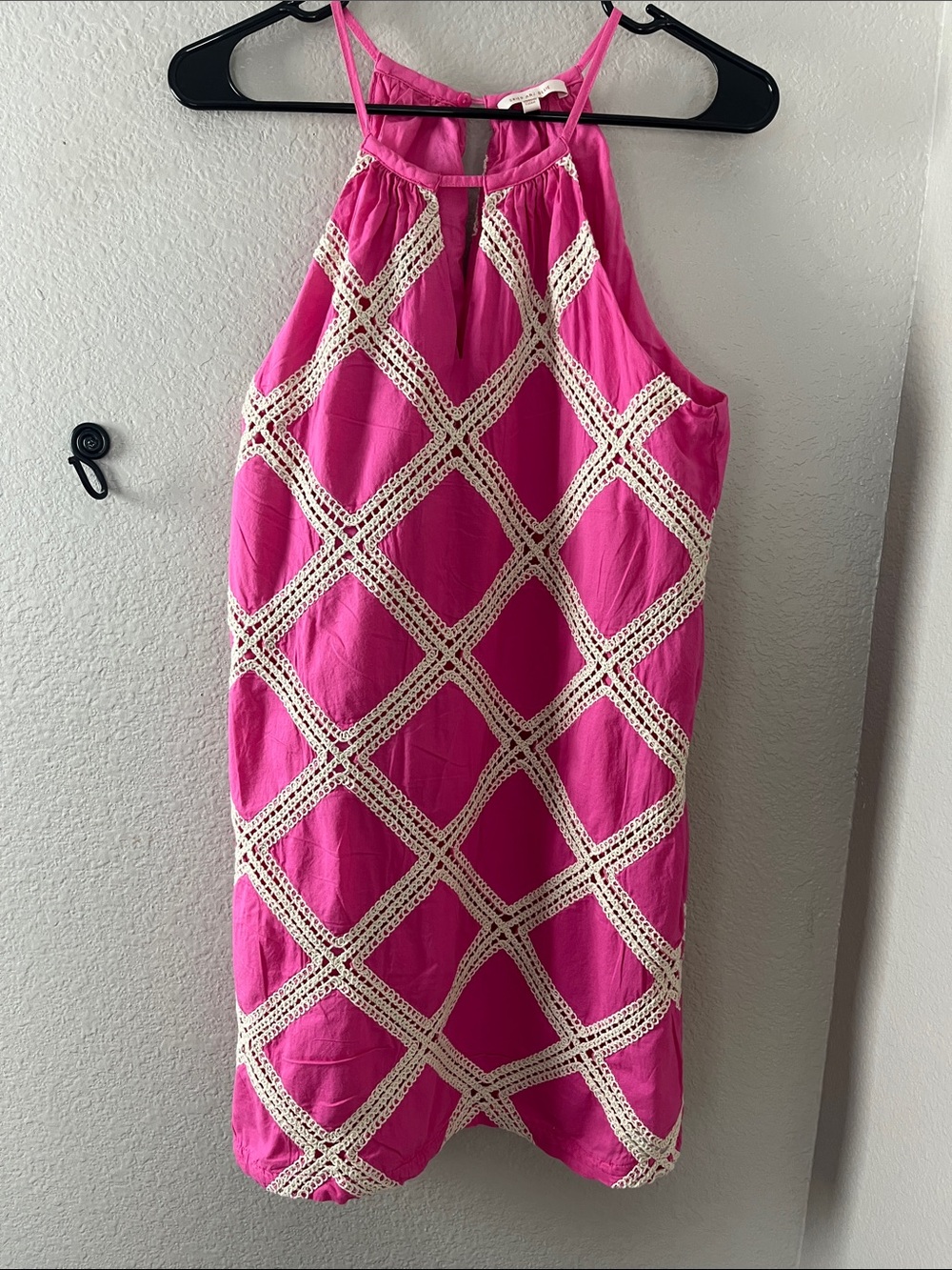 Skies Are Blue Fuchsia Halter Mini Dress with Ivory Crochet Lattice
